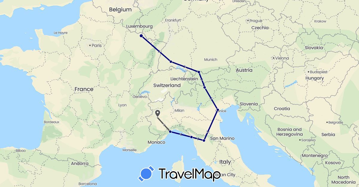 TravelMap itinerary: driving, motorbike in Austria, Germany, France, Italy (Europe)